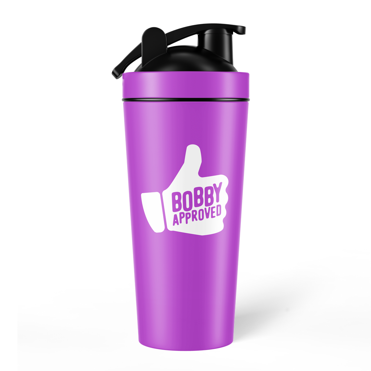 Purple shaker bottle with a black lid, featuring a white thumbs-up icon and the words ‘Bobby Approved’ on the front, shown on a white background.