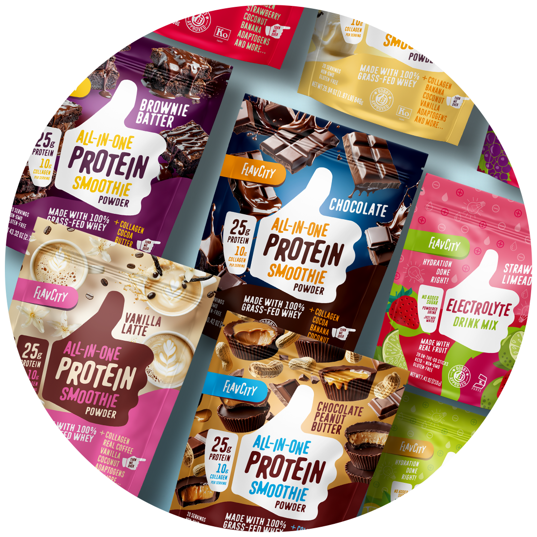 an assortment of flavcity protein smoothie powders in a cirlce image