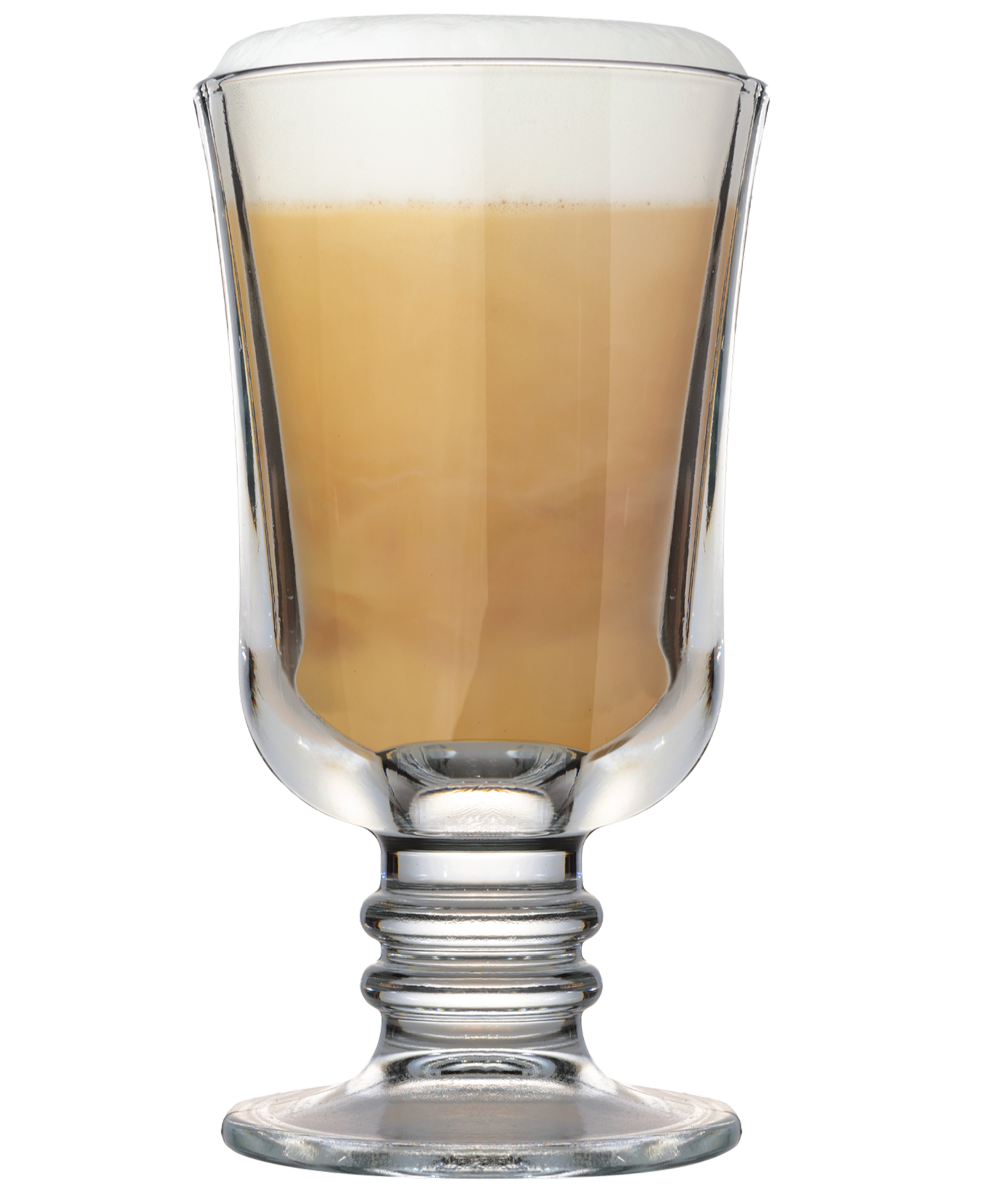 A clear glass filled with a creamy, tan-colored beverage topped with a thick layer of foam, set against a plain white background.