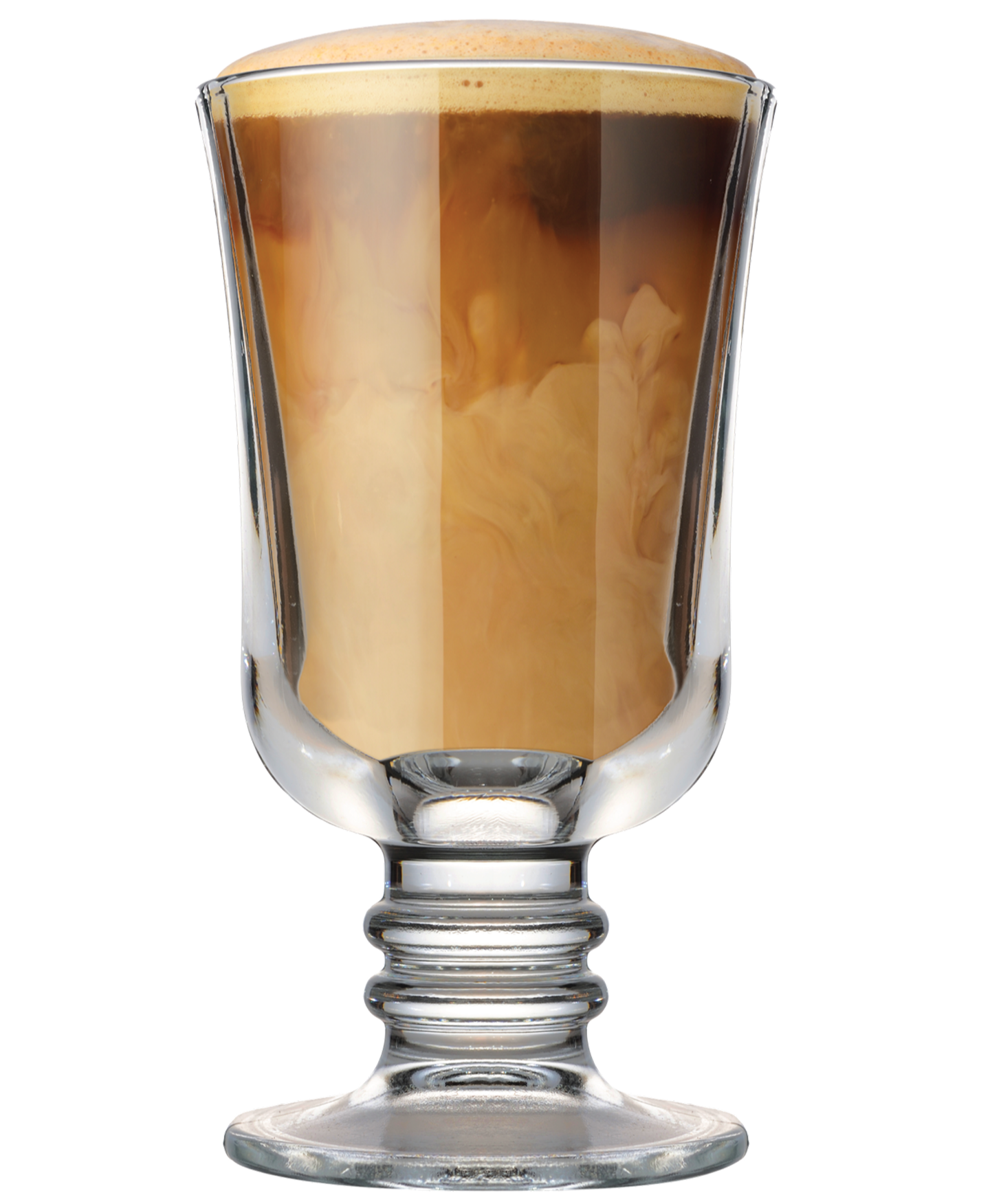 A clear glass filled with iced coffee, showing swirling patterns of cream blending into the dark coffee, set against a plain white background.