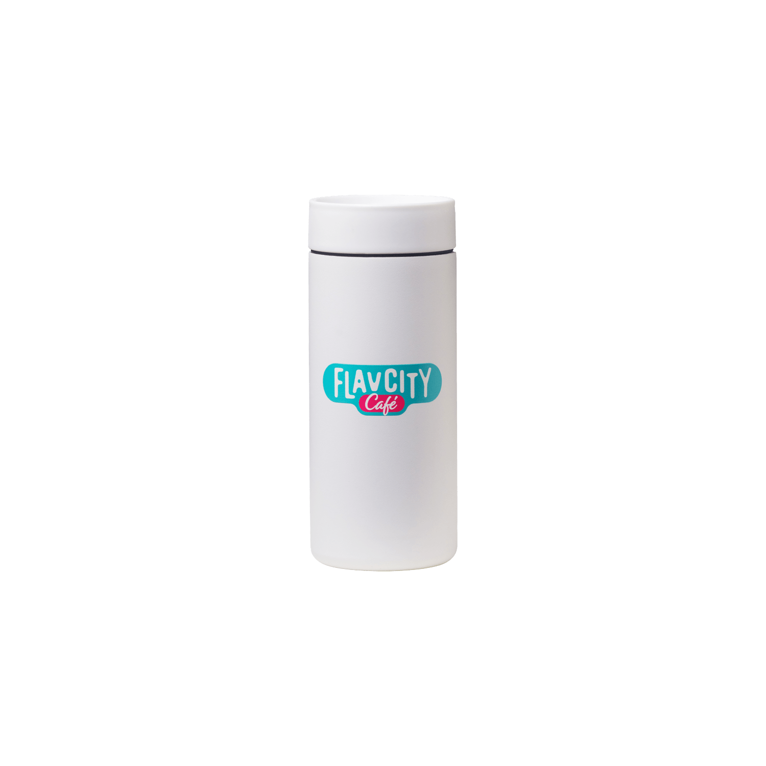 The FlavCity Cafe Hot Tumbler is a white stainless steel cup with a lid, featuring the FlavCity Café logo in teal and pink at the center on a plain white background.