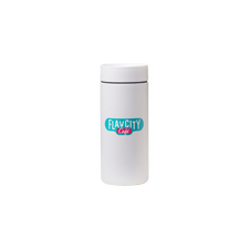 The FlavCity Cafe Hot Tumbler is a white stainless steel cup with a lid, featuring the FlavCity Café logo in teal and pink at the center on a plain white background.