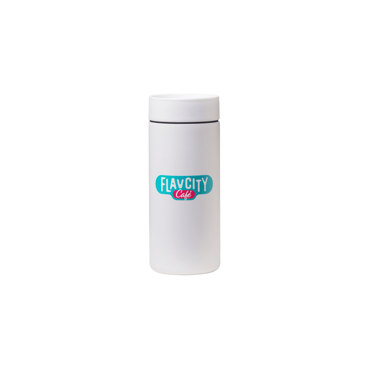 The FlavCity Cafe Hot Tumbler is a white stainless steel cup with a lid, featuring the FlavCity Café logo in teal and pink at the center on a plain white background.