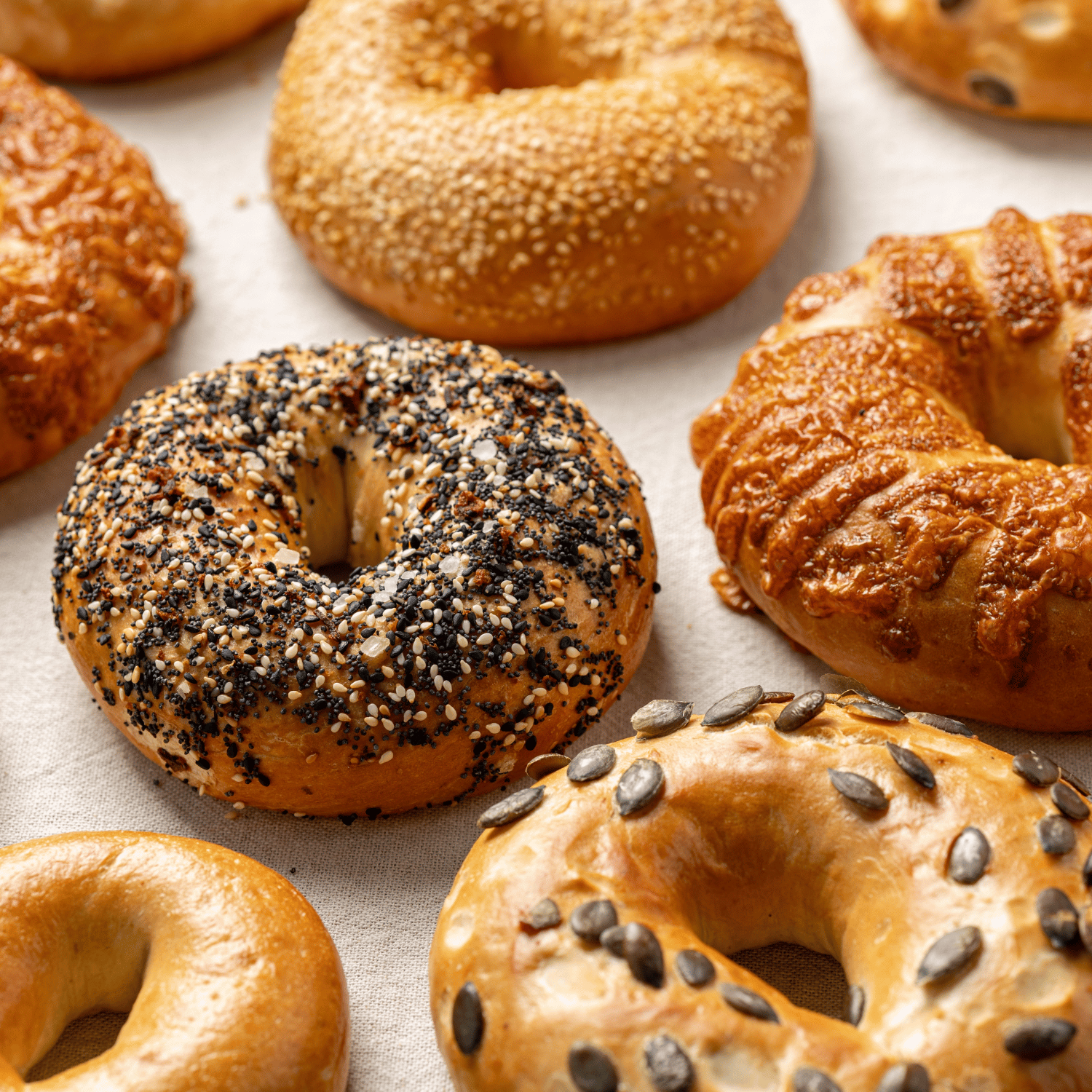 Different flavours of bagels.