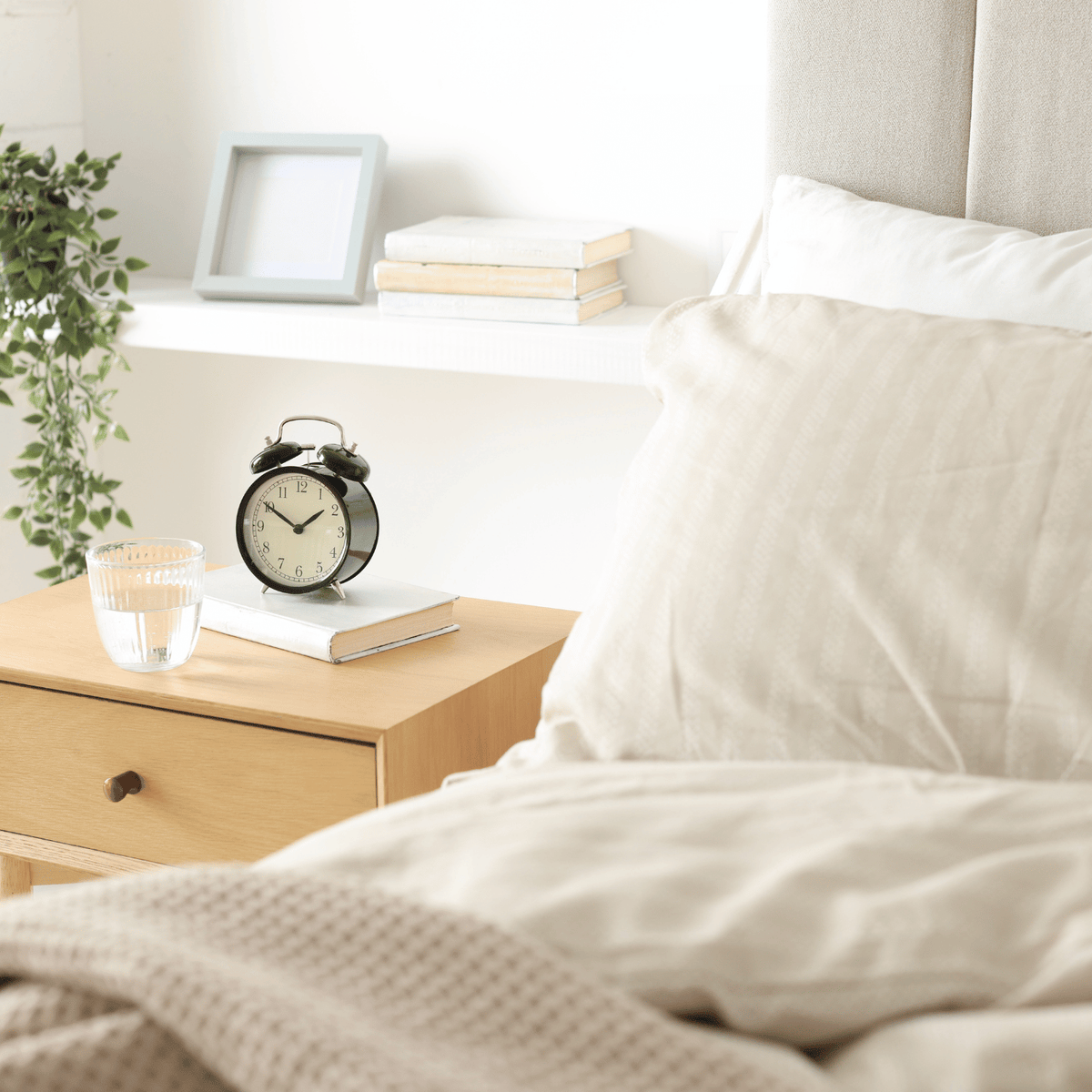 A clock on the bed table.