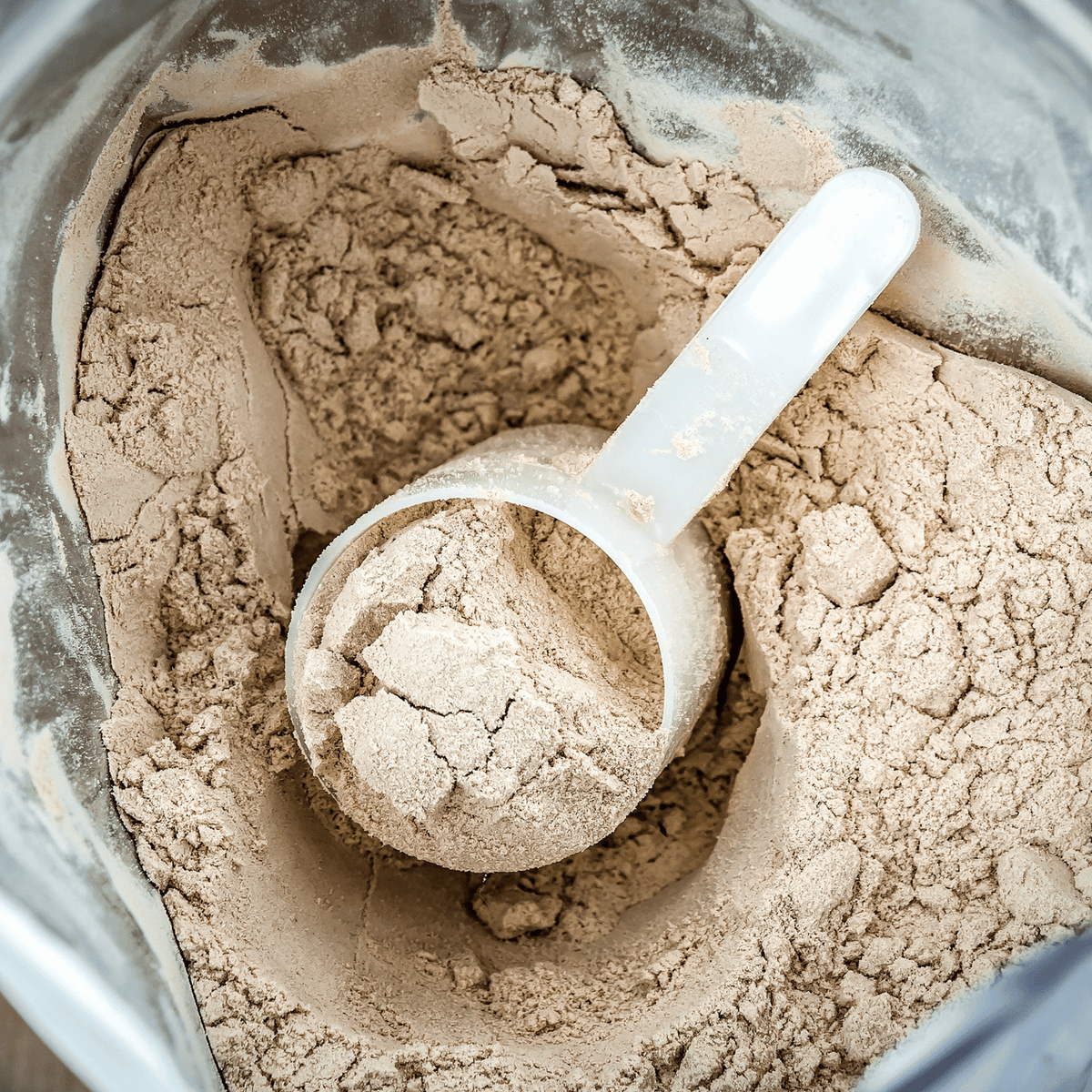 A scoop of protein chocolate powder.