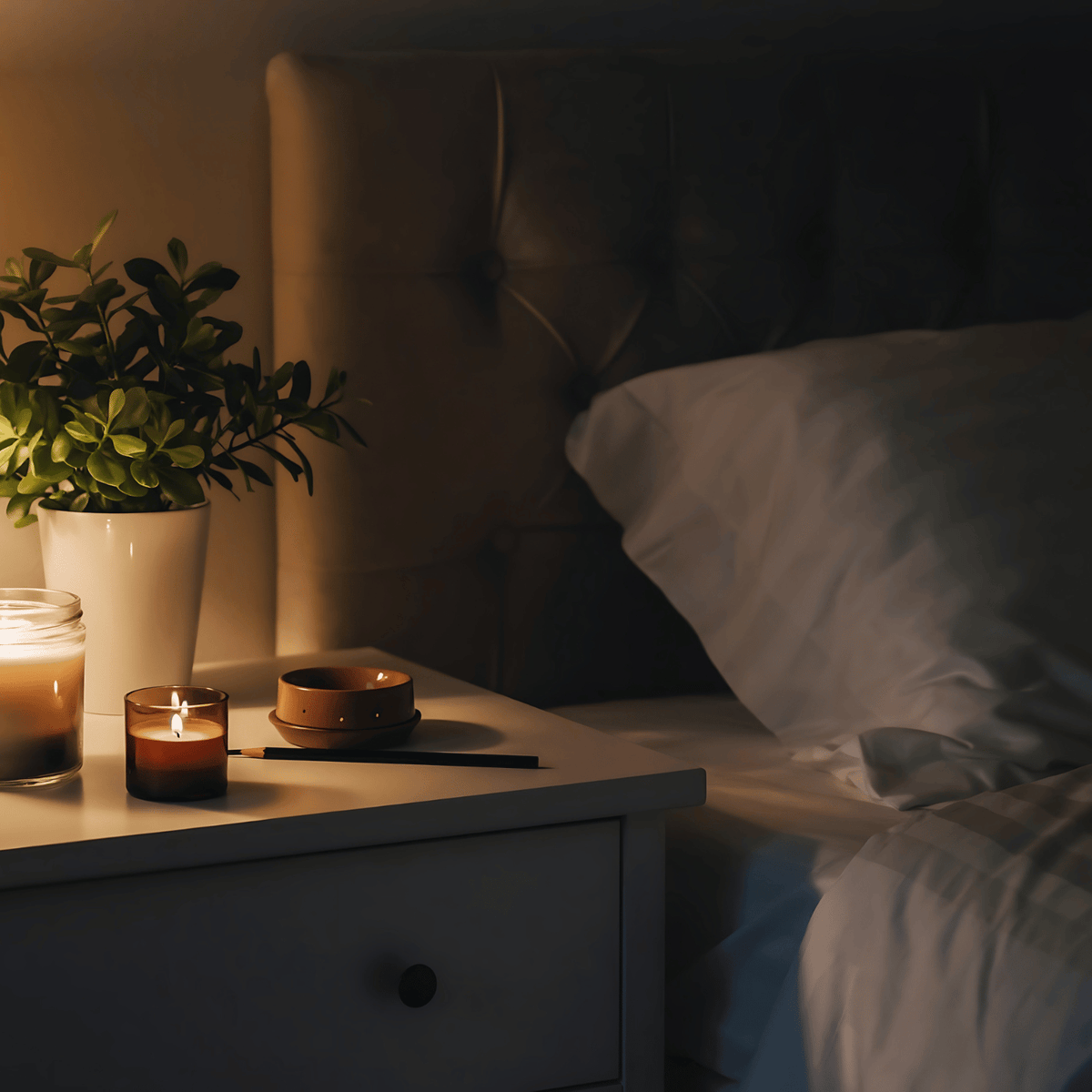 Two lit candles on the bedside table.
