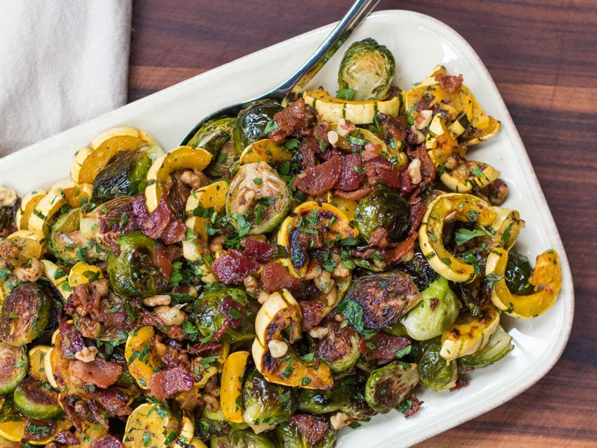Roasted Brussels Sprouts and Squash with Crispy Bacon Dressing