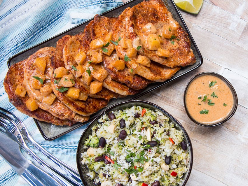 Pastor Pork Chops with Riced Cauliflower & Broccoli