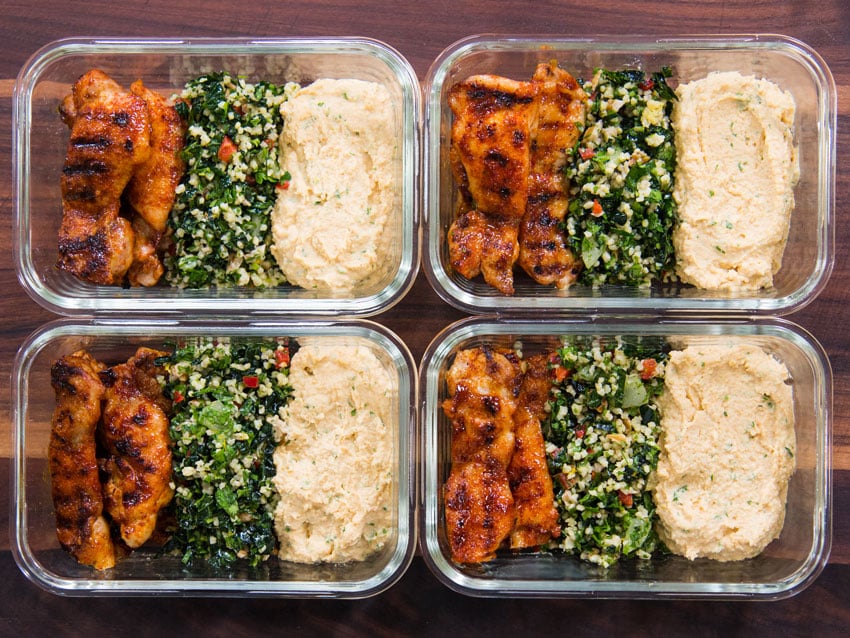 Sticky Chicken Thighs with Tabouli and Hummus
