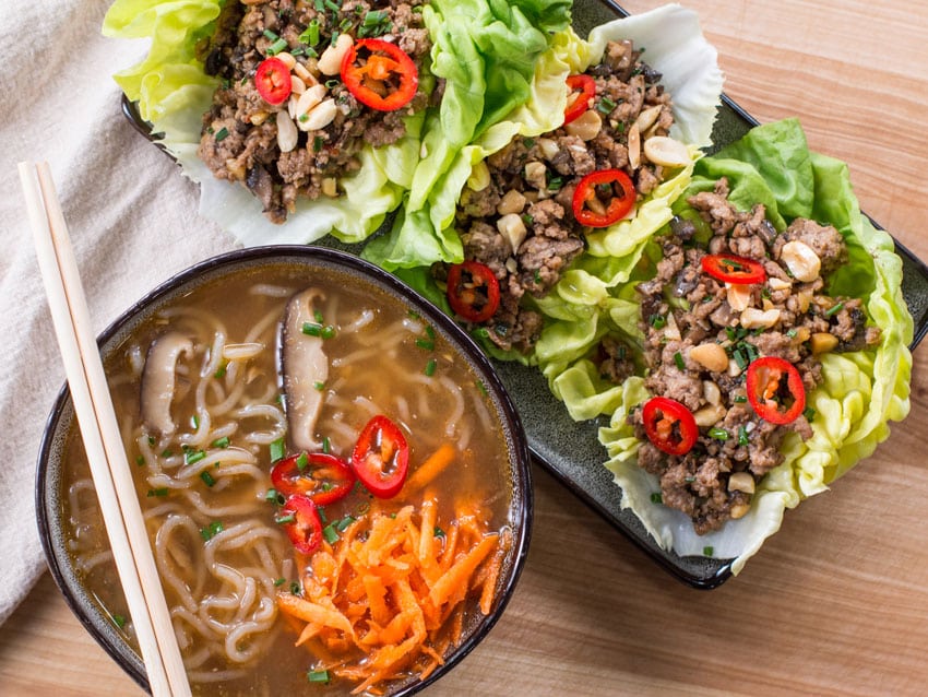 Ramen with Pork & Mushroom Lettuce Wraps
