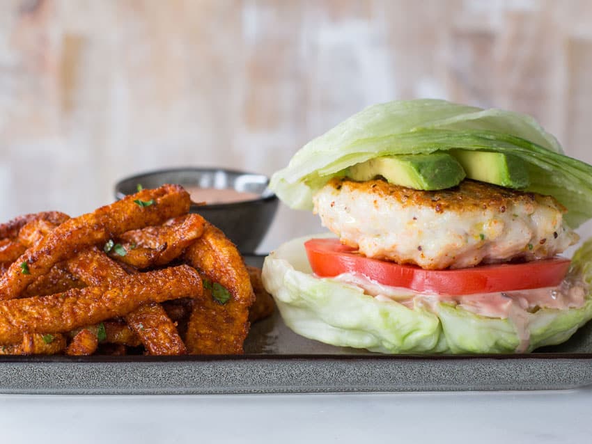 Shrimp Burger and Jicama Fries