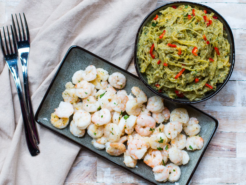 Baked Spaghetti Squash with Pesto and Shrimp