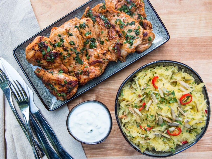 Yogurt Marinated Chicken Thighs with Roast Spaghetti Squash