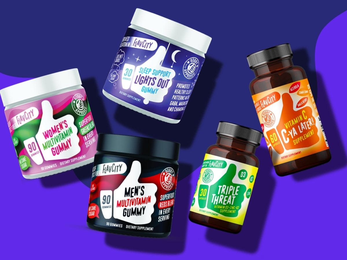 Five bottles of Feelcity vitamins and supplements, including Womens and Mens Multivitamin Gummies, Sleep Support Gummies, Triple Threat, and Vitamin C, displayed on a purple background.