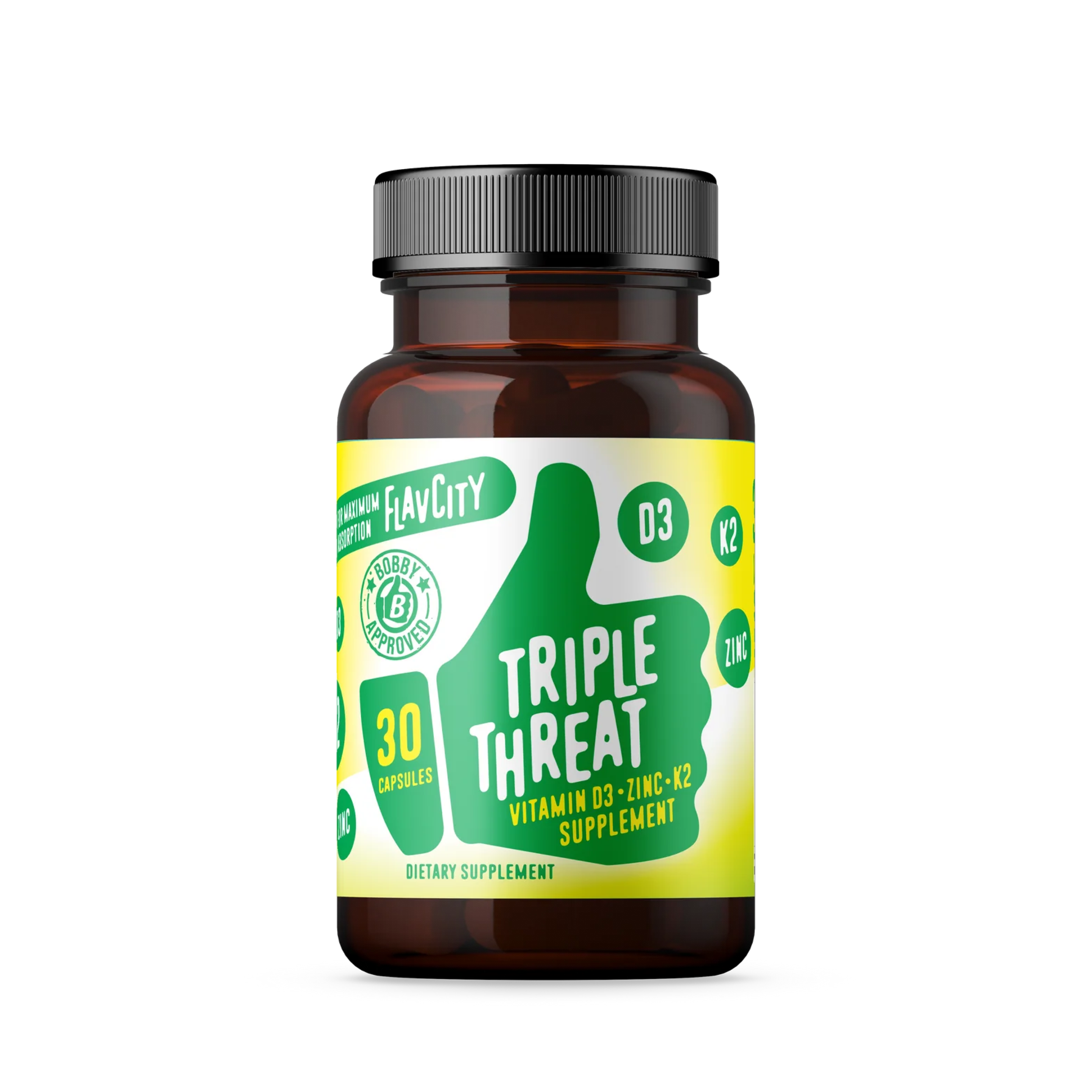 A bottle of 'Triple Threat' supplement capsules, designed to support overall health, featuring a bold, modern label.
