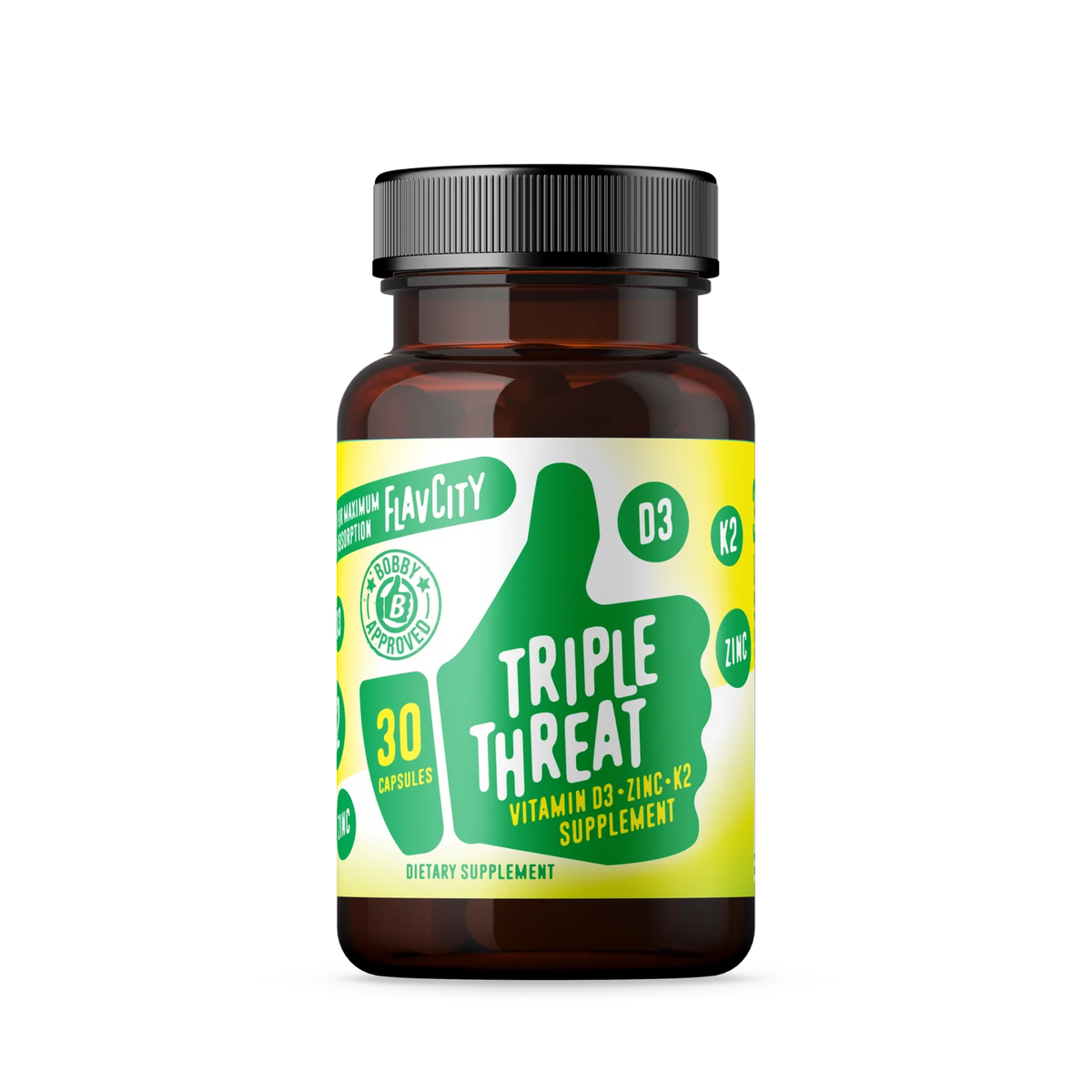 A bottle of 'Triple Threat' supplement capsules, designed to support overall health, featuring a bold, modern label.