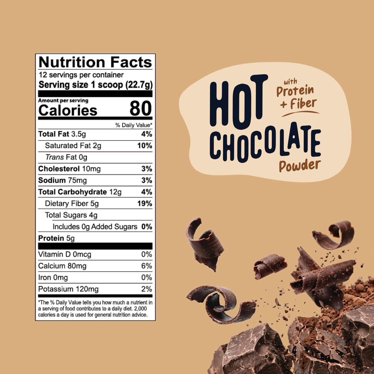 A nutrition facts label next to Shop FlavCity Hot Chocolate Mix in Single-Serve Packets, accompanied by rich hot chocolate shavings and chunks at the bottom.