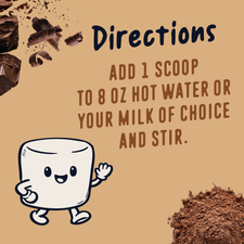 Add 1 scoop of Hot Chocolate Mix in Single-Serve Packets to 8 oz of hot water or milk and stir, accompanied by illustrations of chocolate shavings, a cartoon marshmallow character, and a pile of cocoa powder.