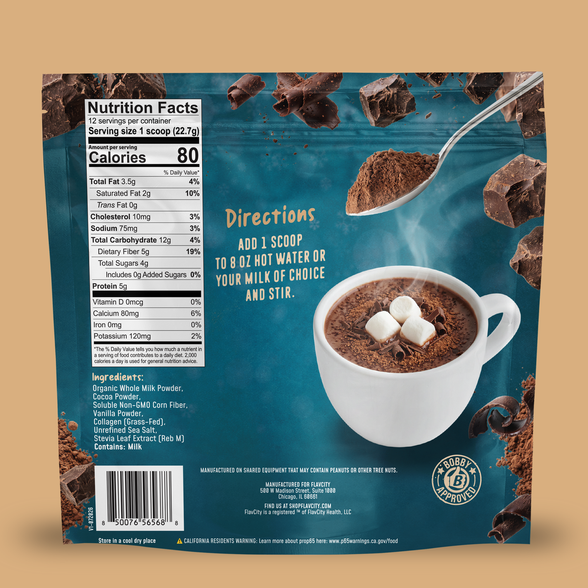 Back of a Shop FlavCity Hot Chocolate Mix in Single-Serve Packets pouch displaying a Nutrition Facts label, ingredients, instructions, and an image of a mug of rich hot chocolate topped with marshmallows.