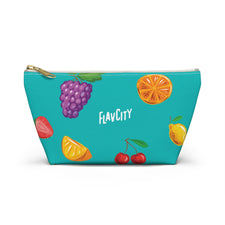 The Real AF Pouch - Teal by Shop FlavCity features grape, orange, lemon, strawberry, cherry, and lemon wedge illustrations with “FLAVCITY” in white at the center. Ideal as a cosmetic travel bag or pencil case.