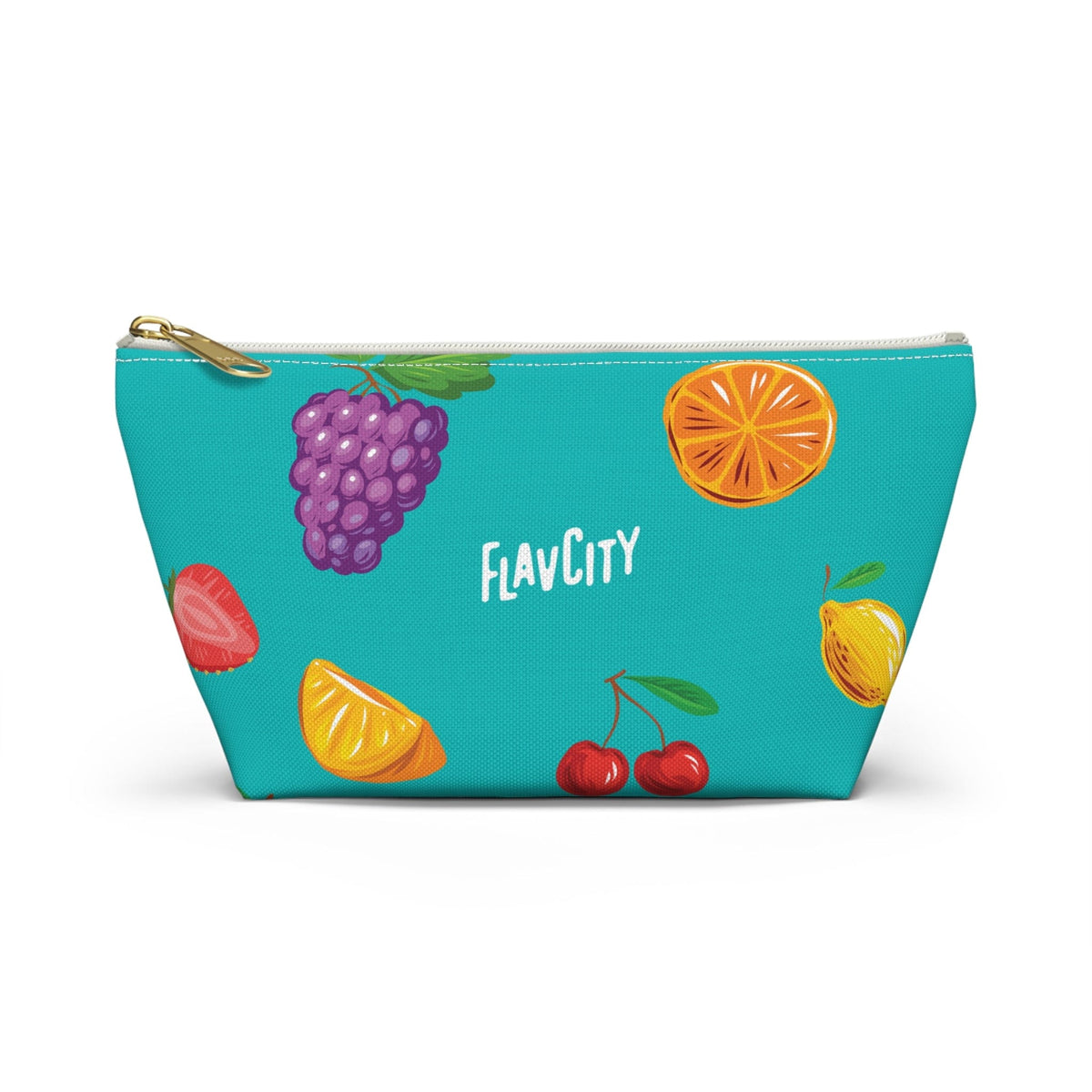 The Real AF Pouch - Teal by Shop FlavCity features grape, orange, lemon, strawberry, cherry, and lemon wedge illustrations with “FLAVCITY” in white at the center. Ideal as a cosmetic travel bag or pencil case.