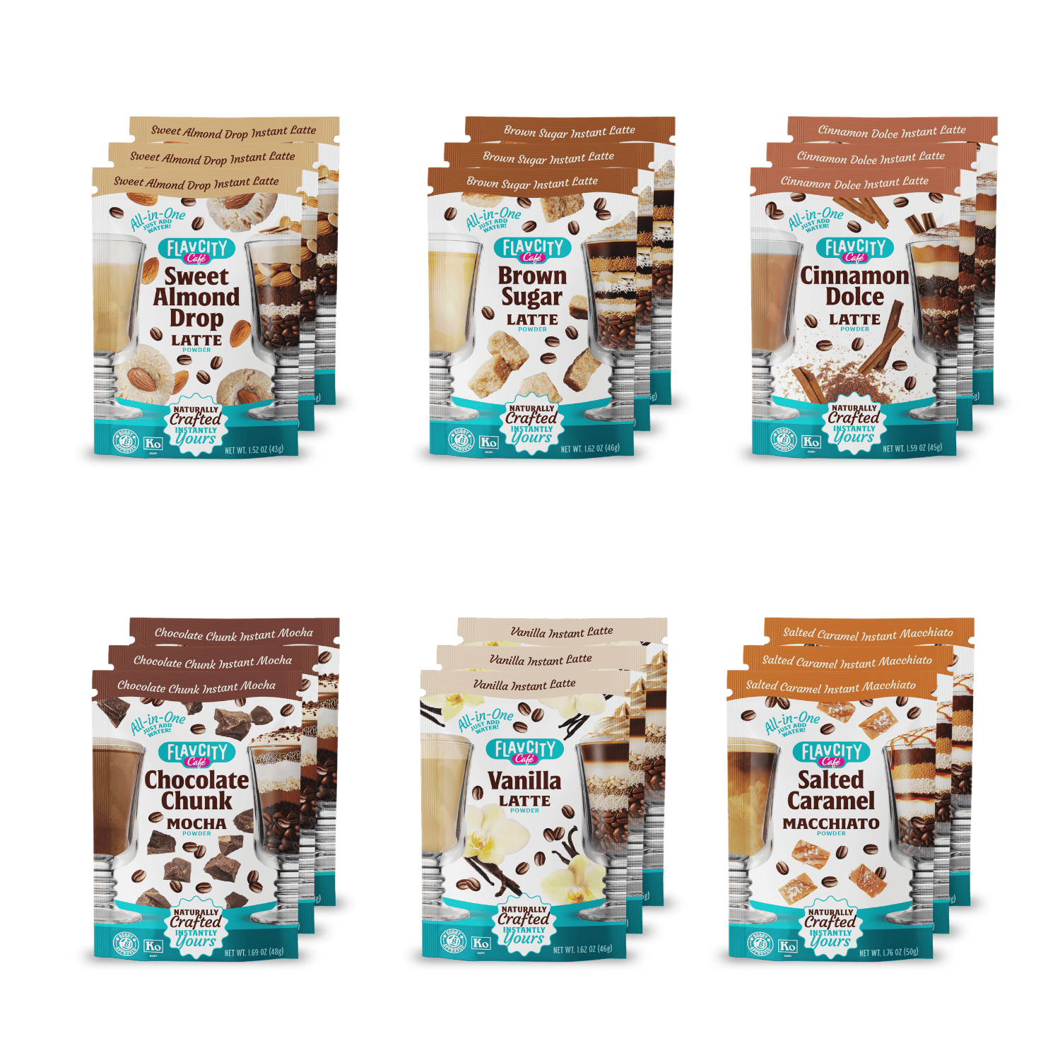 The FlavCity Cafe 18-Pack of Single Serves features six delicious flavored instant latte mixes, including Sweet Almond Drop, Brown Sugar, and Cinnamon Dolce, all in a convenient café variety pack.