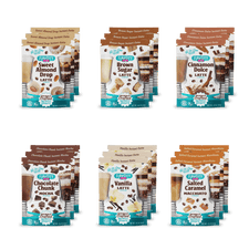 The FlavCity Cafe 18-Pack of Single Serves features six delicious flavored instant latte mixes, including Sweet Almond Drop, Brown Sugar, and Cinnamon Dolce, all in a convenient café variety pack.