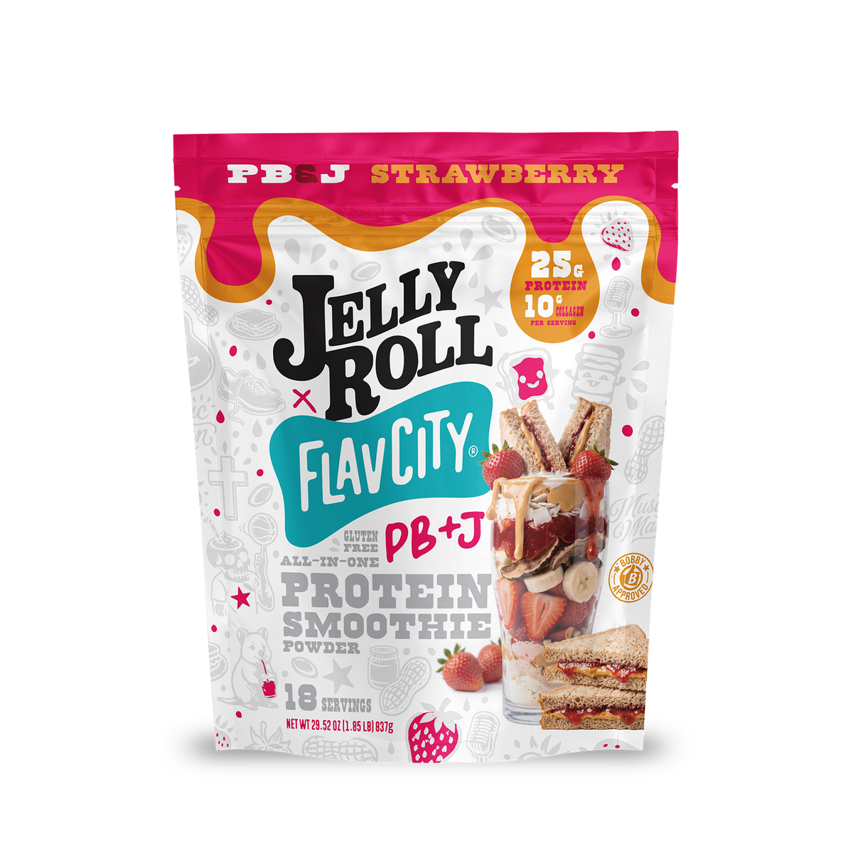 Pouch of Shop FlavCity PB&J Strawberry Protein Smoothie featuring a PB&J smoothie in a glass with a strawberry and sandwich halves.