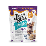A pouch of FlavCity PB&J Grape Protein Smoothie featuring an image of a glass layered with peanut butter, sliced bananas, blueberries, and a PB&J sandwich.