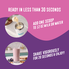 Instructional graphic for the PB&J Grape Protein Smoothie: add one scoop of powder to 12 ounces of liquid, then shake for 20 seconds.