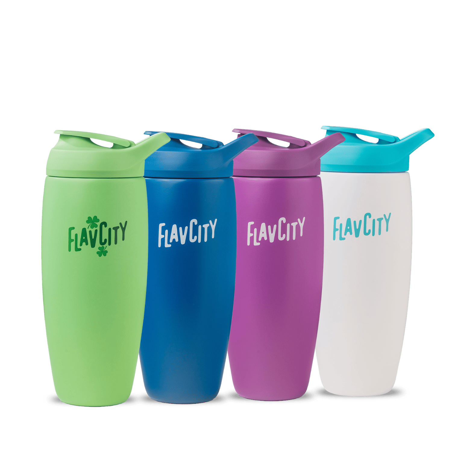Four Shop FlavCity Shaker Bottles in green, blue, purple, and white are lined up. Each reusable insulated bottle features a flip lid and is designed for lump-free shakes with the FLAVCITY logo in matching or contrasting colors.