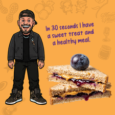 A cartoon man stands next to a PB&J Grape Protein Smoothie and a sandwich topped with a grape, with text that reads, In 30 seconds I have a sweet treat and a healthy meal.