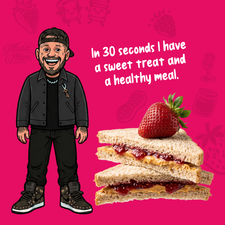 A cartoon man stands next to a PB&J Strawberry Protein Smoothie topped with a fresh strawberry, with text that reads, In 30 seconds I have a sweet treat and a healthy meal.