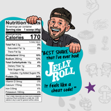 An illustrated man in a cap holds up a nutrition facts label for a PB&J Grape Protein Smoothie next to the text Best shake that I’ve ever had! Jelly Roll. It feels like a cheat code!.