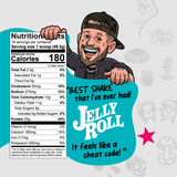 A cartoon man in a baseball cap holds a PB&J Strawberry Protein Smoothie nutrition facts label with the text: BEST SHAKE that I’ve ever had!, JELLY ROLL, and It feels like a cheat code!.