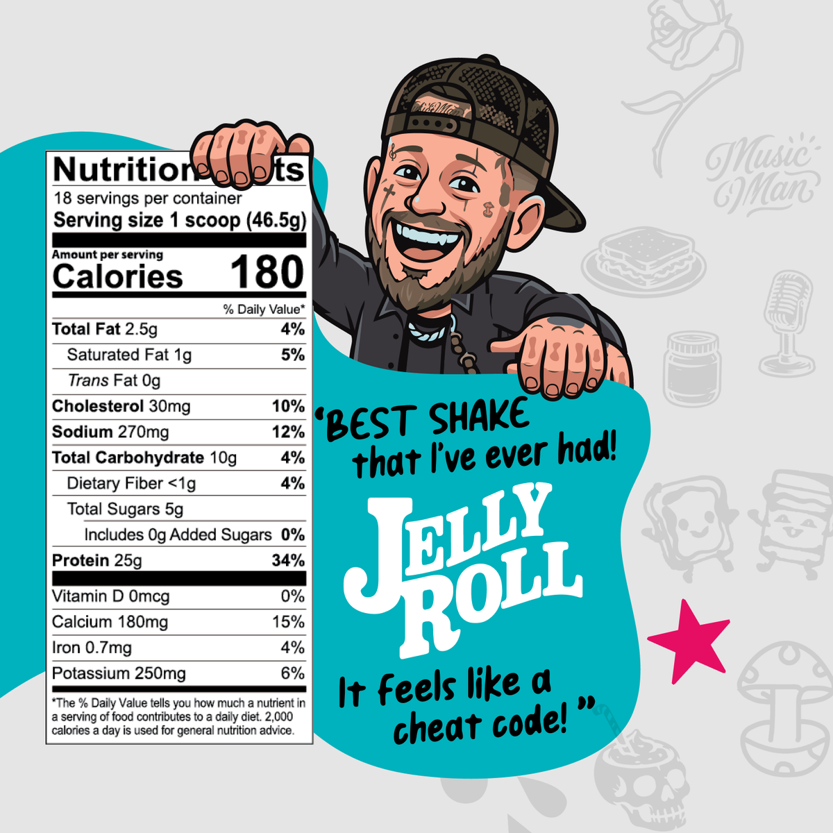 A cartoon man in a baseball cap holds a PB&J Strawberry Protein Smoothie nutrition facts label with the text: BEST SHAKE that I’ve ever had!, JELLY ROLL, and It feels like a cheat code!.