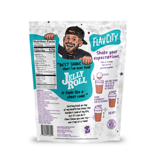 Pouch of FlavCity PB&J Grape Protein Smoothie powder featuring a cartoon man, nutrition facts, ingredient list, and illustrated instructions for blending the drink.