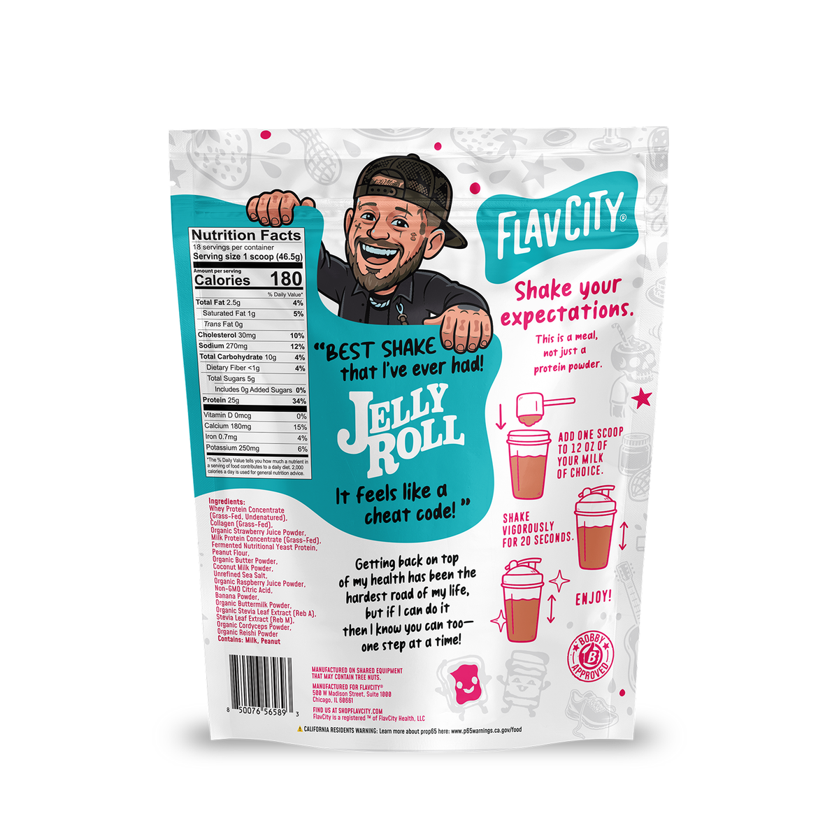 The back of a Shop FlavCity PB&J Strawberry Protein Smoothie pouch featuring a nutrition facts label, ingredient list, and illustrated instructions for mixing a smoothie.