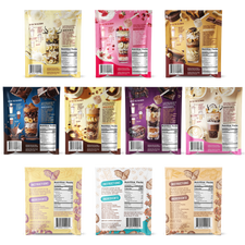 Back panel view of FlavCity protein smoothie powder packets displaying nutritional information, ingredients lists, and preparation instructions with layered smoothie jar illustrations. Calorie content ranges from 160-250 per serving. Packaging shows detailed mixing directions and ingredient transparency for both whey and plant-based varieties
