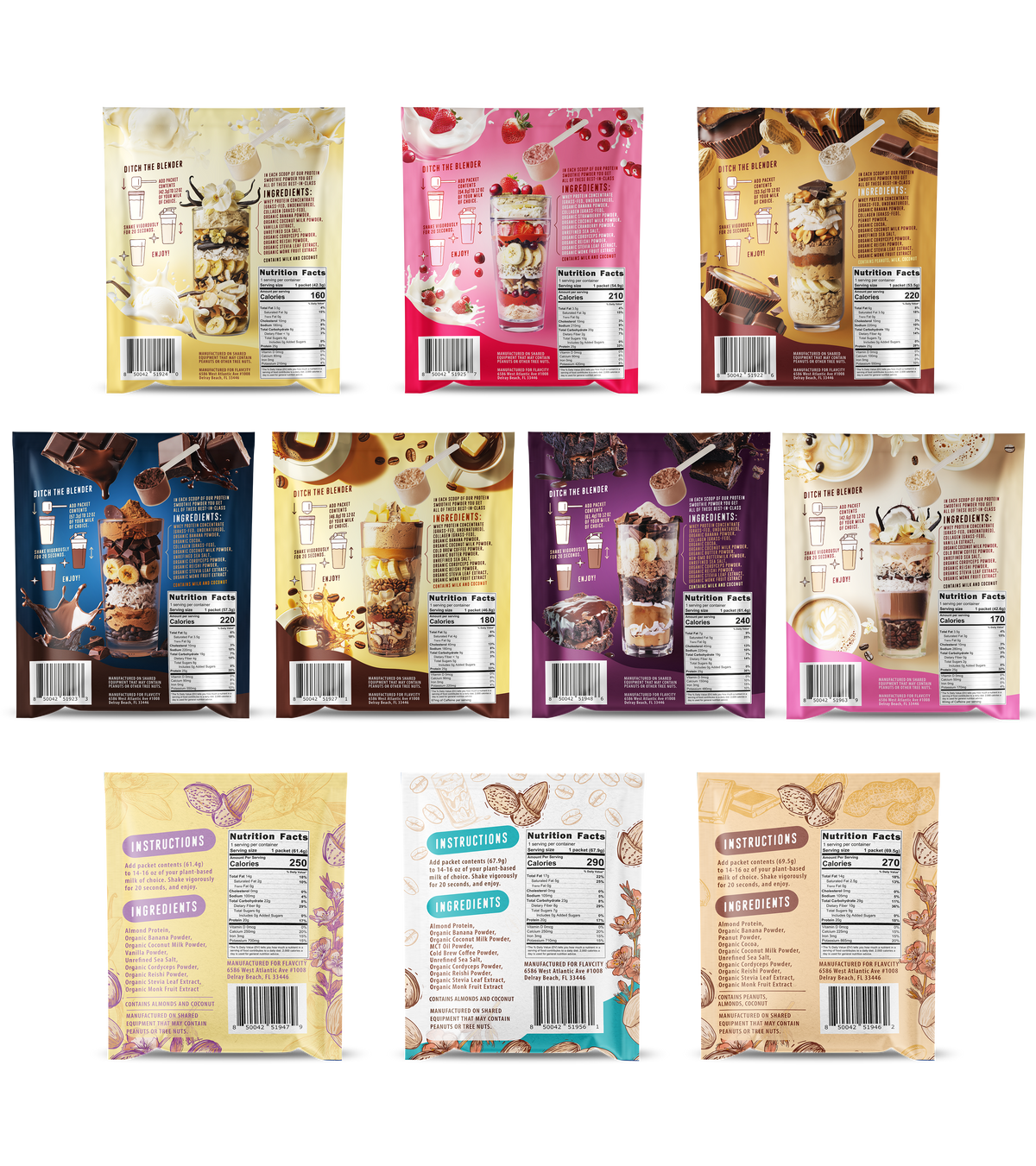 Back panel view of FlavCity protein smoothie powder packets displaying nutritional information, ingredients lists, and preparation instructions with layered smoothie jar illustrations. Calorie content ranges from 160-250 per serving. Packaging shows detailed mixing directions and ingredient transparency for both whey and plant-based varieties