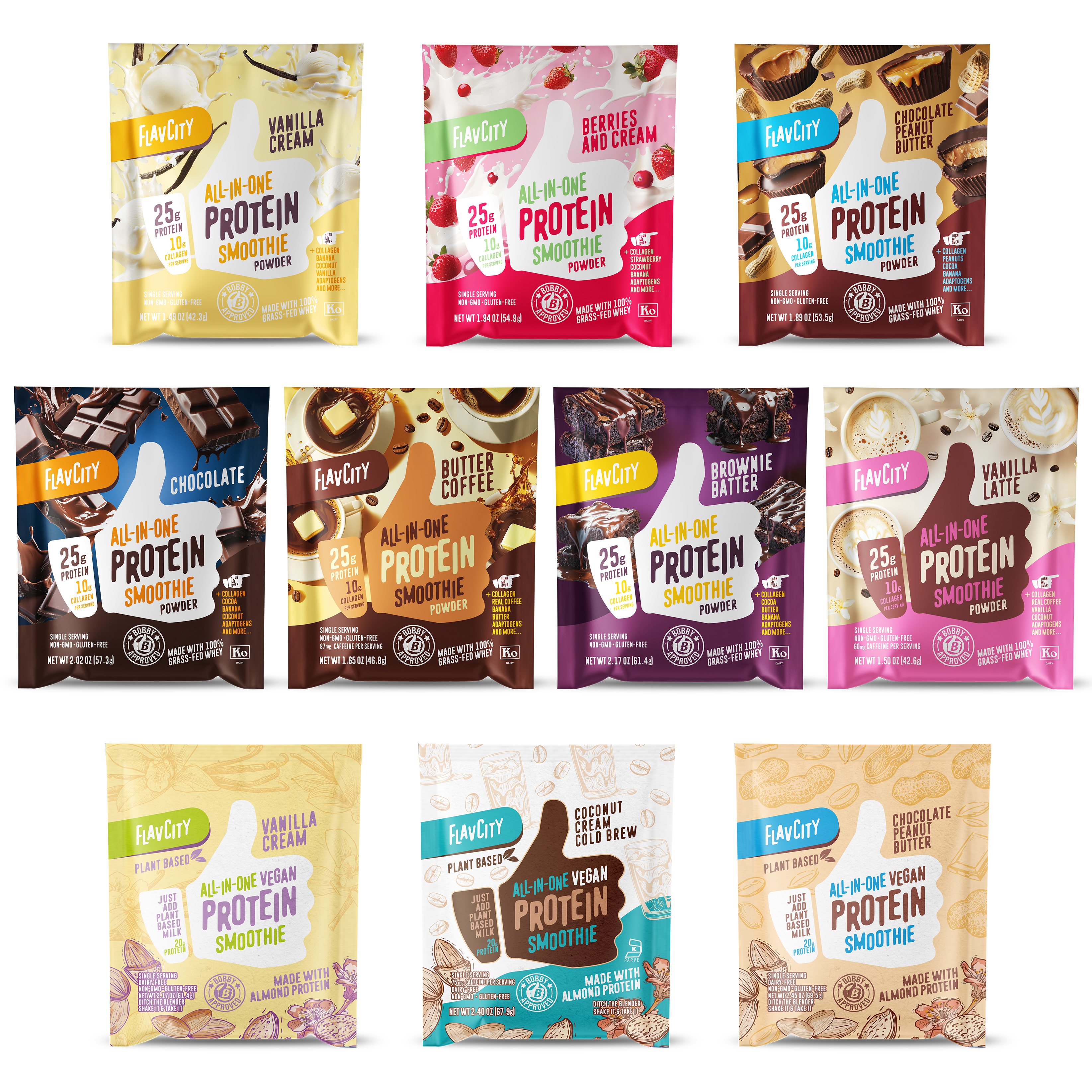 Collection of FlavCity protein smoothie powder packets featuring various flavors including Vanilla Cream, Berries and Cream, Chocolate Peanut Butter, Chocolate, Butter Coffee, Brownie Batter, and Vanilla Latte. Regular and plant-based vegan options shown with colorful packaging designs. Each packet contains 25g protein and all-in-one smoothie formula