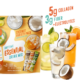 A Coconut Anytime Essential Variety Pack from Shop FlavCity is shown beside three glasses of iced drinks with fruit and coconut. Text highlights “5g collagen, 3g fiber + electrolytes” for a refreshing collagen drink experience.