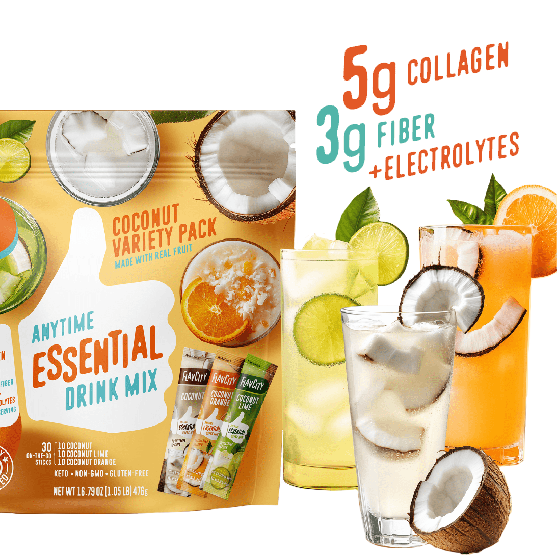 A Coconut Anytime Essential Variety Pack from Shop FlavCity is shown beside three glasses of iced drinks with fruit and coconut. Text highlights “5g collagen, 3g fiber + electrolytes” for a refreshing collagen drink experience.