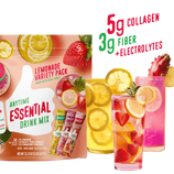 A package of Shop FlavCity’s Lemonade Anytime Essential Variety Pack appears with three vibrant fruit drinks garnished with lemon, berries, and cactus leaf. Text highlights 5g collagen lemonade, 3g fiber for gut health, and added electrolytes for hydration.