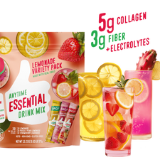 A package of Shop FlavCity’s Lemonade Anytime Essential Variety Pack appears with three vibrant fruit drinks garnished with lemon, berries, and cactus leaf. Text highlights 5g collagen lemonade, 3g fiber for gut health, and added electrolytes for hydration.