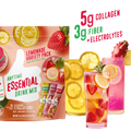 A package of Shop FlavCity’s Lemonade Anytime Essential Variety Pack appears with three vibrant fruit drinks garnished with lemon, berries, and cactus leaf. Text highlights 5g collagen lemonade, 3g fiber for gut health, and added electrolytes for hydration.