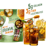 The Tea Anytime Essential Variety Pack by Shop FlavCity is shown with 3 glasses of iced electrolyte tea with garnishes. Highlights: 5g collagen, 3g fiber, electrolytes. A honey dipper drizzles honey over one glass.