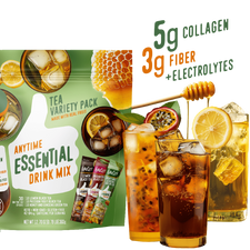 The Tea Anytime Essential Variety Pack by Shop FlavCity is shown with 3 glasses of iced electrolyte tea with garnishes. Highlights: 5g collagen, 3g fiber, electrolytes. A honey dipper drizzles honey over one glass.