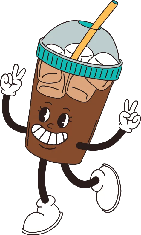 Cartoon iced coffee with ice cubes, marshmallows, and a straw. The cup has a smiling face, arms making peace signs, and legs wearing white shoes, appearing to walk cheerfully.